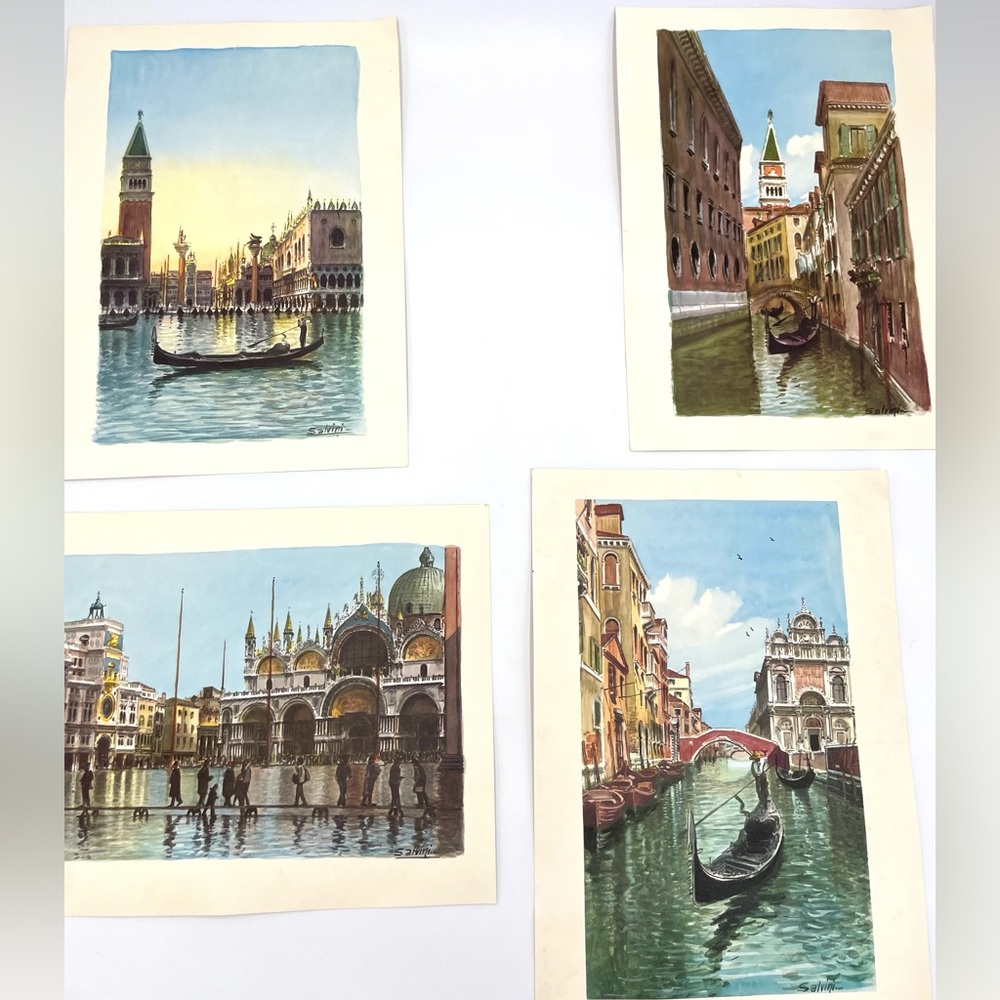 Set of four reproduction Italy watercolor prints Vintage